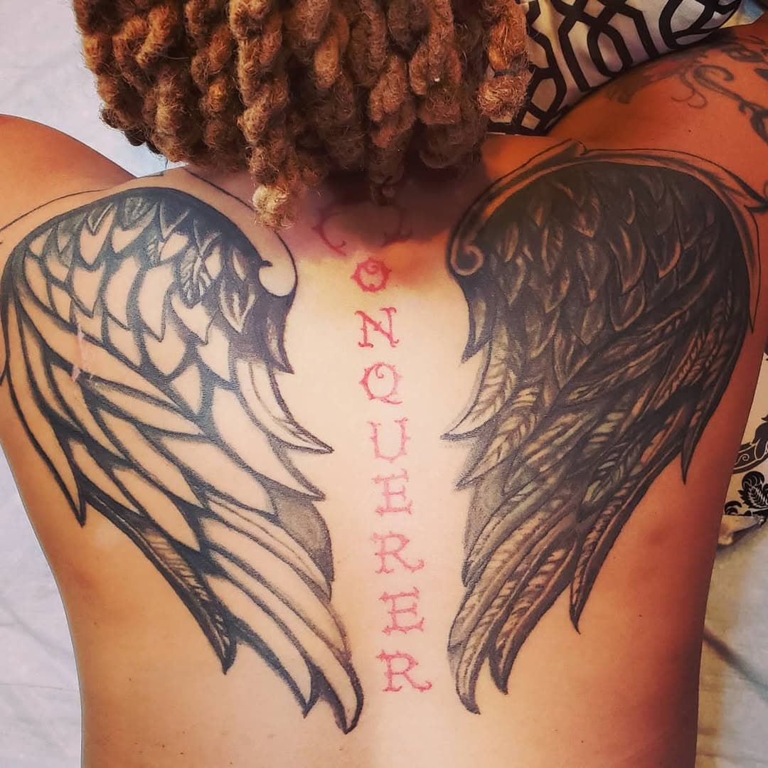 Angel wings back piece — floral tattoo by Tats By Bre, Tatt2 Therapy